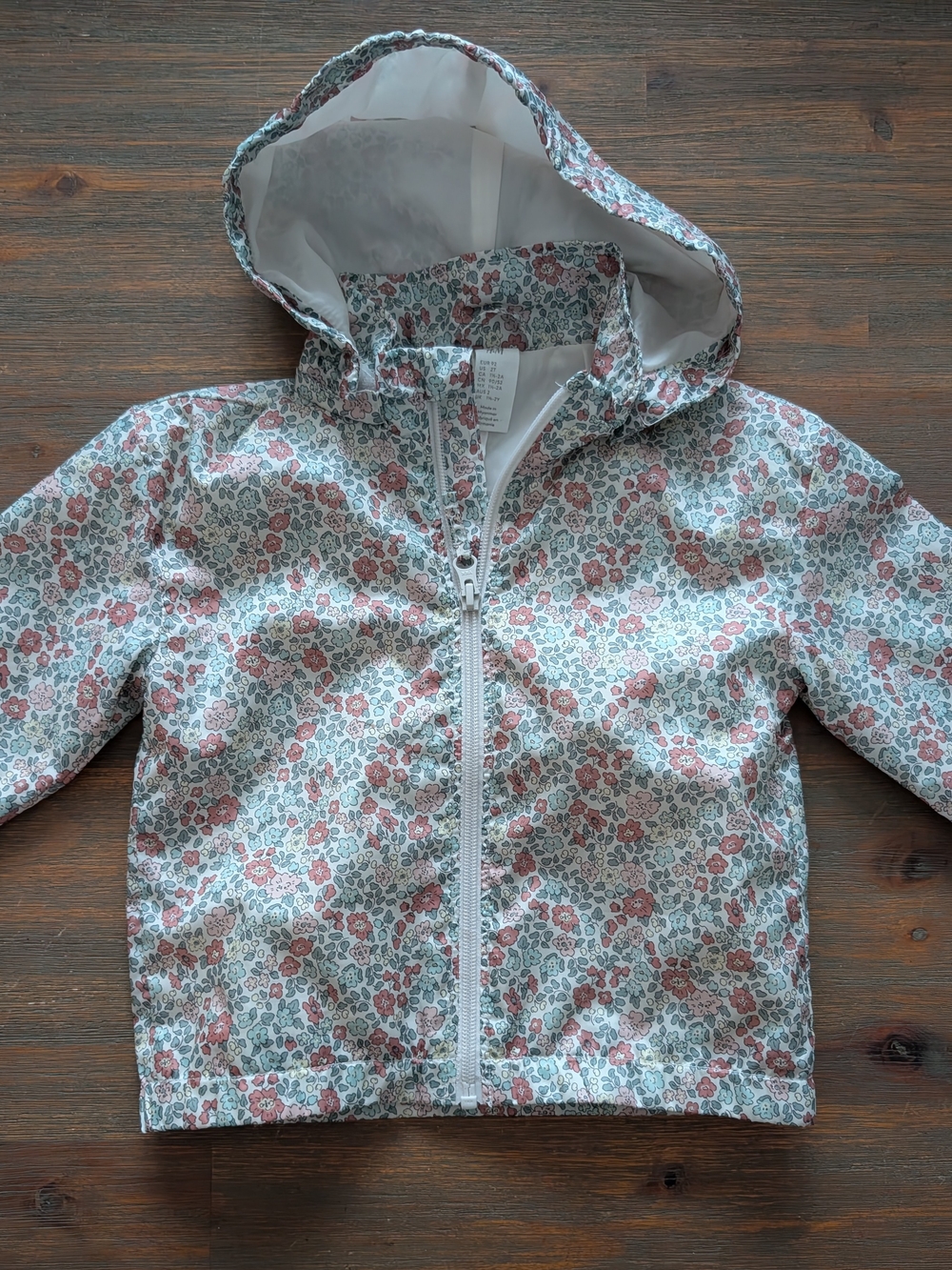 H&M White Hooded Raincoat with Pink & Green Floral Print